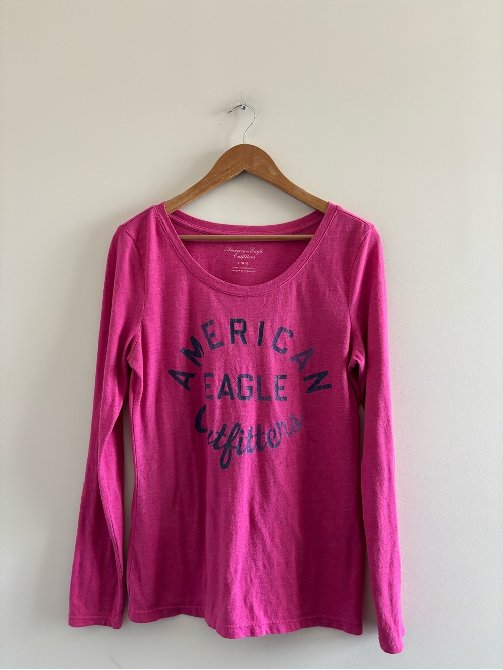 Y2K VTG American Eagle T-Shirt Pink Logo Spellout Long Sleeve Womens L Preppy - Picture 3 of 10